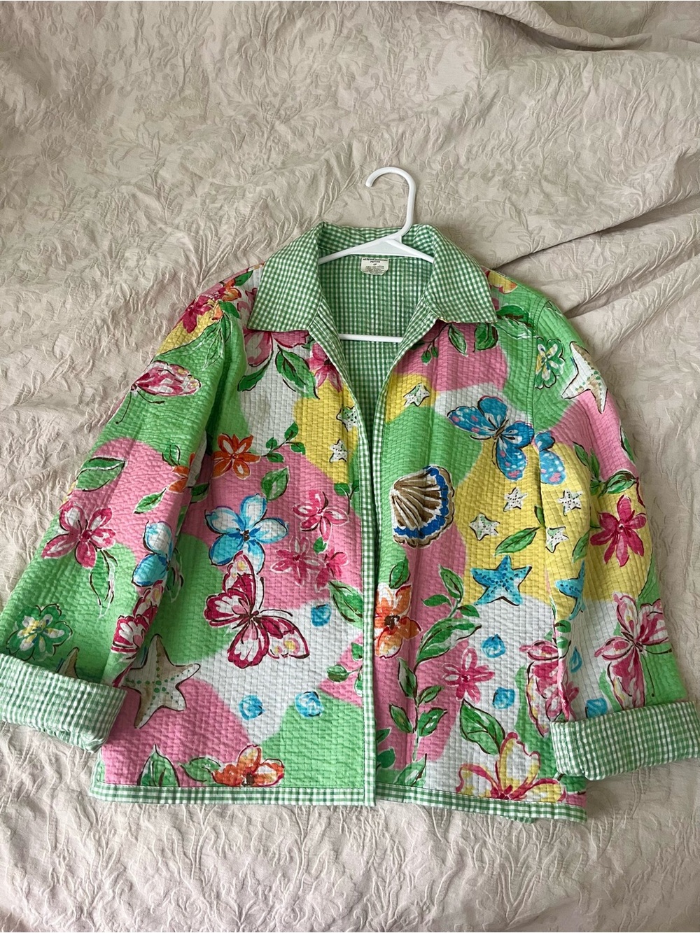 Coastal Floral Quilted Jacket Granny Chic Green & Pink 100% Cotton 6P